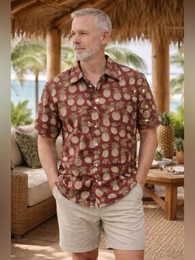 Reyn Spooner Pineapple Eygptian Cotton Short Sleeve Shirt Men’s Medium Tropical